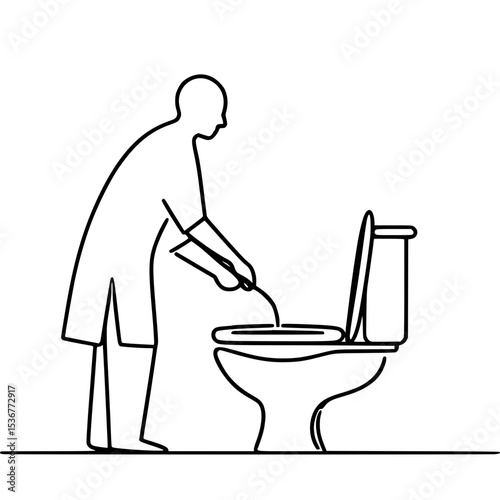 Man cleaning toilet using a brush in a bathroom - Concept of single line outline vector  