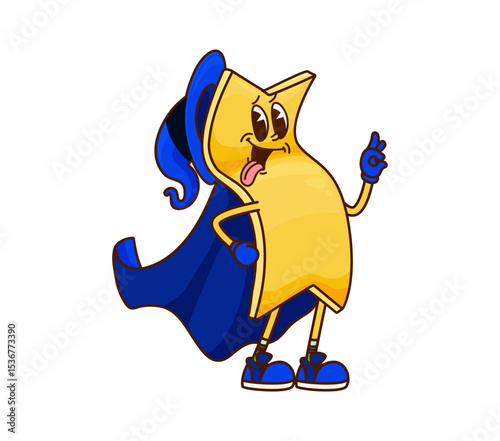 Cartoon groovy Halloween pasta mage character with funny face, vector wizard. Halloween holiday pasta cartoon character with silly tongue out and smile in witch hat and magician mantle or mage cape