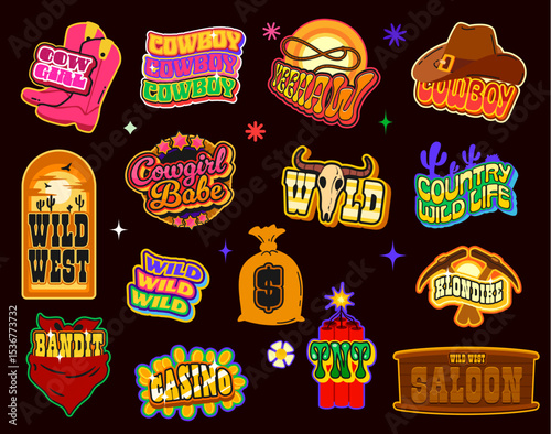 Wild west y2k groovy stickers, retro western patch labels. Cartoon vector adhesive pack with cowboy and cowgirl elements, saloon signs, moneybag, tnt, bandit scarf, saloon signboard and retro text