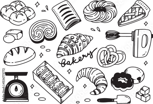 bakery doodle vector set, hand drawn bread croissant pastry sketch, black and white baking clipart, bakery shop illustration, dessert drawing

