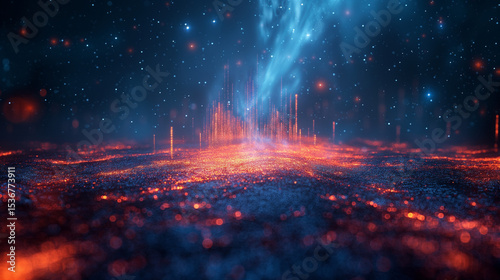 Cosmic Data Surge Across a Digital Terrain. Glowing red-orange network grid beneath a starry sky with radiant vertical signals. Ideal for AI, metaverse, or interstellar data visualization projects.