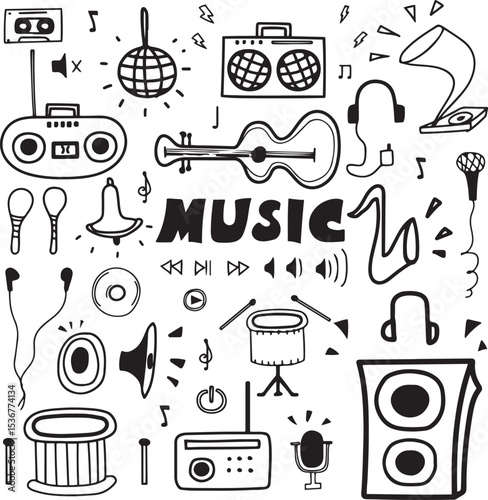 music equalizer doodles set, audio elements hand drawn, black and white music tools illustration, party music sketch, DJ vibe vector art

