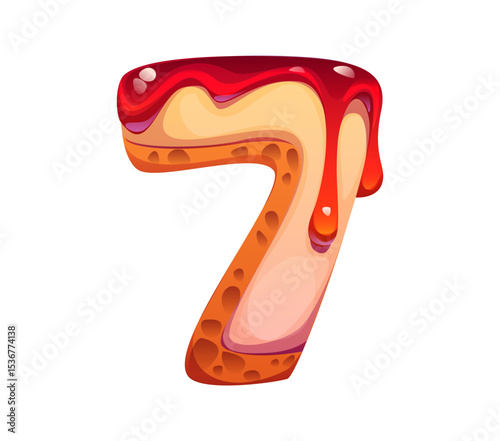 Dessert font, sweet candy type of pastry numbers of bakery and confectionery, vector cartoon typeface. Dessert font number 7 Seven as sweet cake or biscuit cookie typeface with fruit or berry syrup