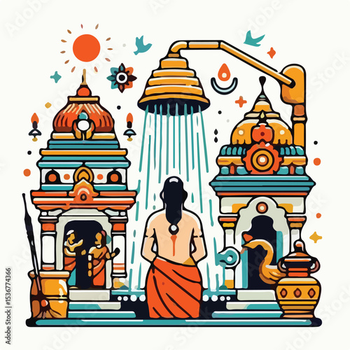 image of a Hindu person undergoing purification with a simple and minimalist flat design using a white background