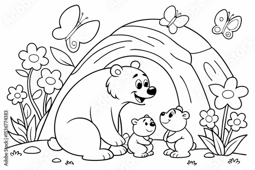 coloring page of a happy bear family, a papa bear, a mama bear, and a baby bear, sitting in front of a simple cave, surrounded by big flowers and friendly butterflies, thick bold lines, simple for kid