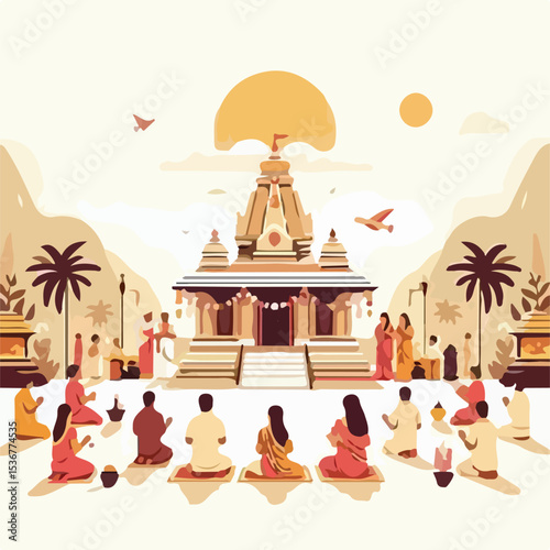 image of Hindu people praying with a simple and minimalist flat design using a white background
