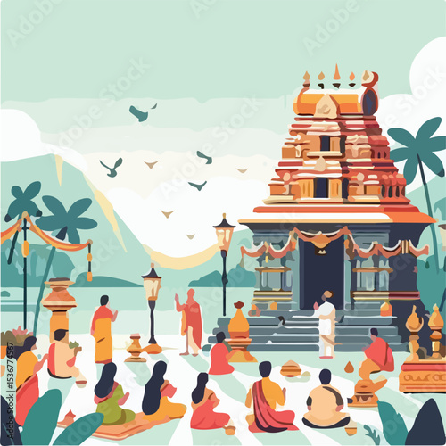 image of Hindu people praying with a simple and minimalist flat design using a white background