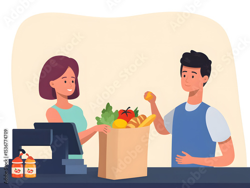 Grocery Clerk and Customer During Purchase Transaction at Checkout Counter. A cashier and a customer interact at a checkout counter during a grocery transaction, showcasing friendly service.