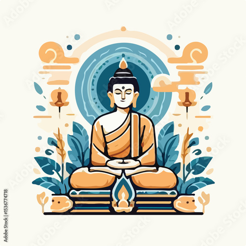 Buddha statue image with simple and minimalist flat design using a white background