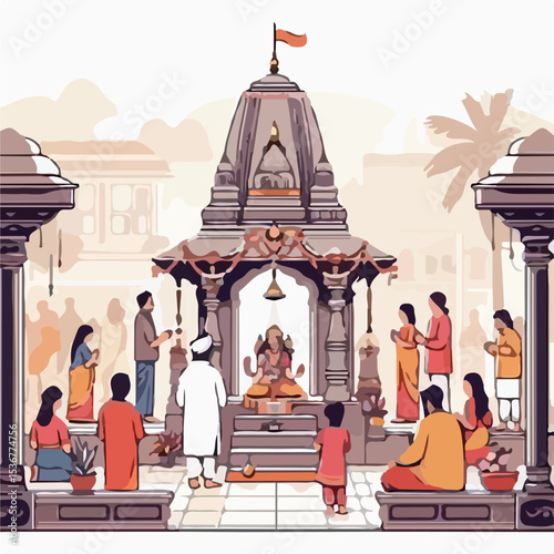 image of Hindu people praying with a simple and minimalist flat design using a white background