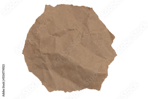 Brown butcher paper ripped and crumpled circle isolated on white