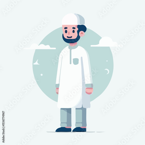 image of a man dressed in Muslim clothing with a simple and minimalist flat design using a white background