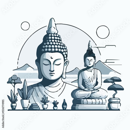 Buddha statue image with simple and minimalist flat design using a white background