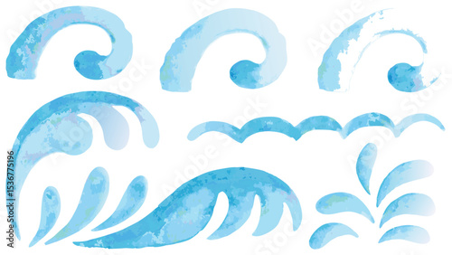 Watercolor illustration featuring various stylized blue waves and water droplets on white background