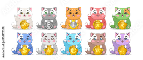 Vector set, chubby, calling monetary cats. Sitting lucky pussies with coins of different currencies. Collection of feline stickers. Bitcoin, ruble, pound, yuan, rupee, dollar, yen, euro, won and riyal