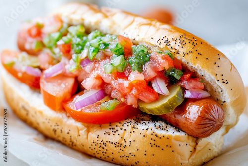 Juicy hot dog sits in a poppy seed bun, generously topped with fresh salsa, diced tomatoes, onions, and pickles, perfect for a warm summer gathering