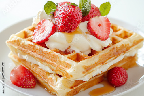 Two fluffy waffles stacked high with cream, fresh strawberries, and a drizzle of syrup make for a delightful brunch treat ready to enjoy
