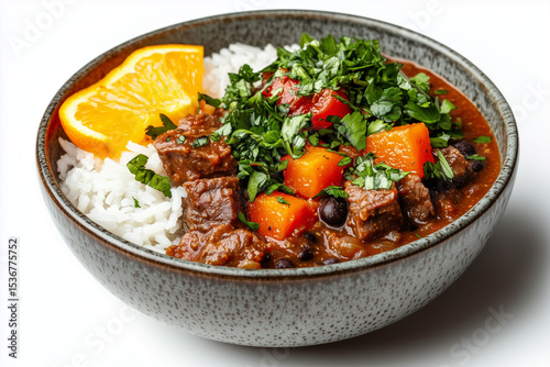 A delicious bowl of beef stew is presented with fluffy white rice, vibrant vegetables, fresh herbs, and a slice of orange, creating a tempting dish