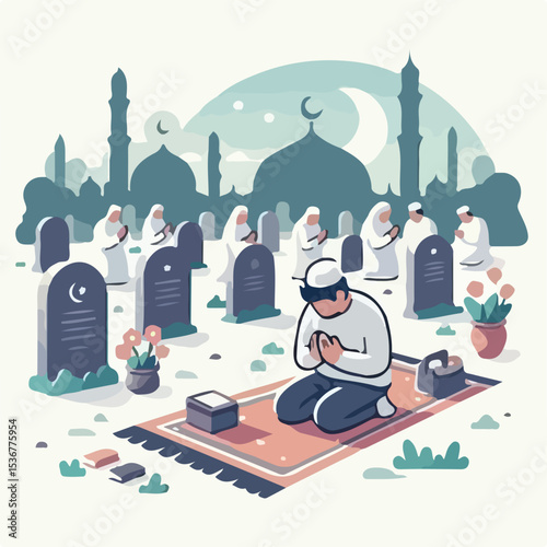 image of muslim people praying in a cemetery with a simple and minimalist flat design using a white background