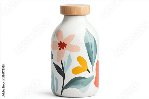 A unique ceramic water bottle features a vibrant floral design complemented by a natural bamboo lid, enhancing its aesthetic appeal for everyday use