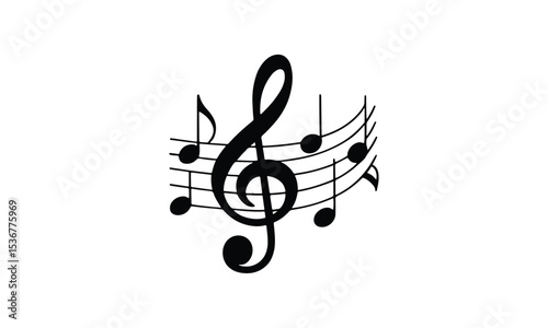 Elegant black treble clef and musical notes on a white background for design