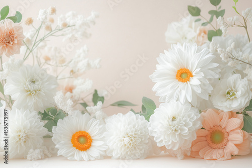 Delicate white daisies and pastel flowers create an elegant floral arrangement, showcasing natural beauty and soft colors against a pale backdrop