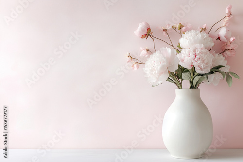 A serene arrangement of pink peonies fills a simple white vase, creating a harmonious look against a gentle pink wall, evoking tranquility and beauty