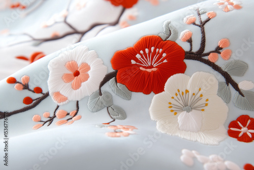 Delicate floral patterns in vibrant red and soft white adorn light blue fabric, emphasizing exquisite stitching and craftsmanship of the embroidery