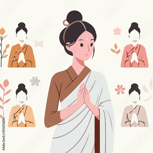 image of a person dressed as a Buddha with a simple and minimalist flat design using a white background