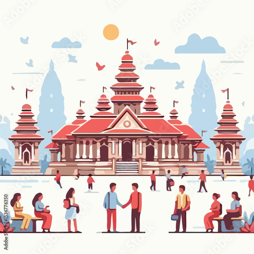 image of people in front of a temple with a simple and minimalist flat design using a white background