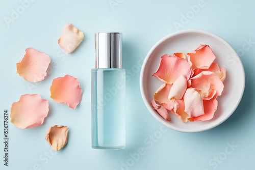 A clear bottle of rosewater sits next to a bowl filled with soft pink rose petals on a pastel blue surface, highlighting natural beauty and skincare elements