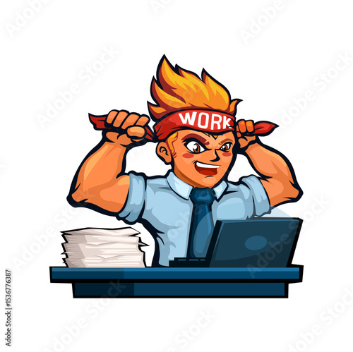 Office Workers Wear Headbands to Fire Up Their Spirits While Working Cartoon Illustration Vector