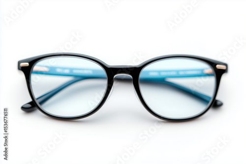 Black frame glasses with blue accents rest on a pristine white background, highlighting the sleek design and contemporary style suited for everyday wear