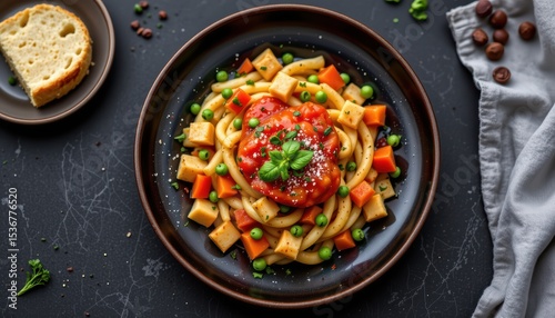 Delicious Vegetarian Pasta Dish with Tomato Sauce and Fresh Green Vegetables on a Dark Table