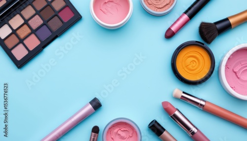 Vibrant Flatlay of Makeup Essentials and Tools on a Pastel Blue Background