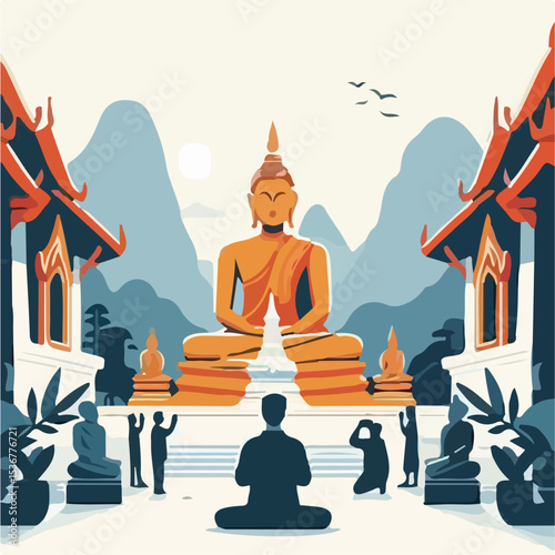 image of a person in front of a Buddha statue with a simple and minimalist flat design using a white background