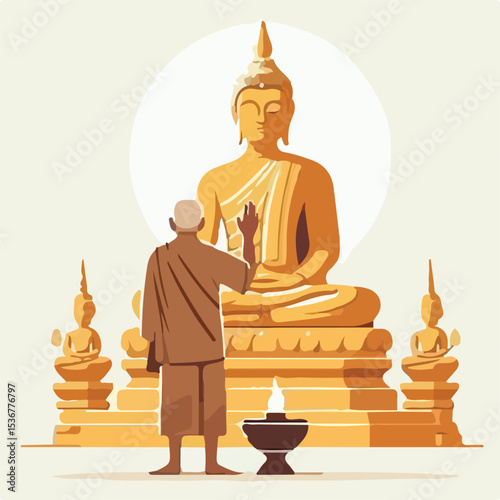 image of a person in front of a Buddha statue with a simple and minimalist flat design using a white background