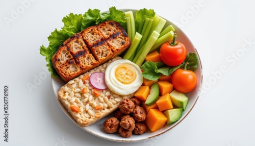 Colorful Healthy Meal on White Plate Featuring Grilled Tofu, Fresh Vegetables and Fruits