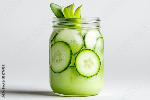 A glass mason jar filled with a cool cucumber drink, showcasing cucumber slices and fresh green garnishes, perfect for a hot day and hydration