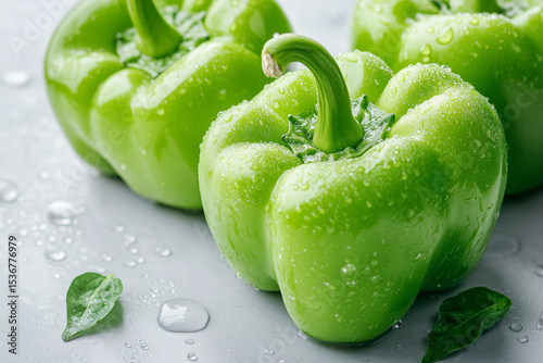 Three vibrant green bell peppers sit on a smooth surface, glistening with water droplets. The peppers are fresh, highlighting their crisp texture and vibrant color