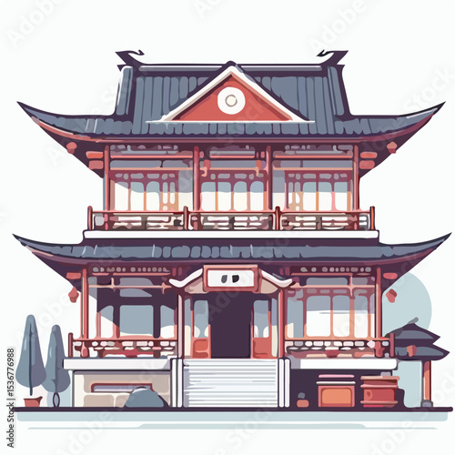 Picture of a Chinese house with a simple and minimalist flat design using a white background