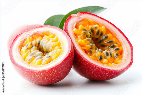 Halved passion fruits reveal juicy orange pulp and black seeds, highlighting their unique texture and sweetness, making them an appealing tropical treat