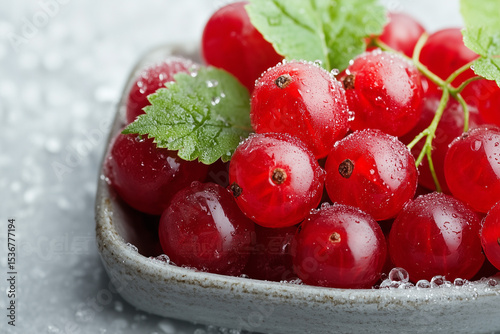 Bright red currants sit in a dark bowl, glistening with droplets of water. Fresh mint leaves add a pop of color against the light gray background