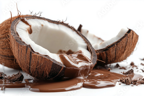 Clear view of a cracked coconut shell with chocolate oozing out, surrounded by chocolate shavings. Perfect for dessert inspiration and tropical themes