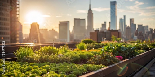 Urban rooftop garden flourishing at sunset with city skyline in the background showcasing vibrant greenery