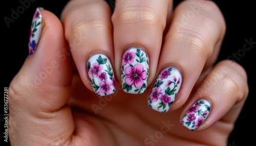 Elegant Floral Nail Art Design Featuring Vibrant Pink and Purple Flowers on White Background