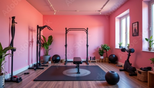 Contemporary Home Gym Interior with Pink Walls and Modern Fitness Equipment in a Well-Designed Space