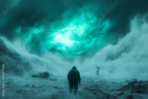 An astronaut walks cautiously on a rugged terrain, gazing at a vibrant green sky while mist surrounds the landscape, creating an eerie atmosphere