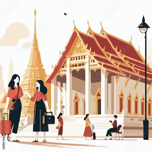 image of people in front of a temple with a simple and minimalist flat design using a white background