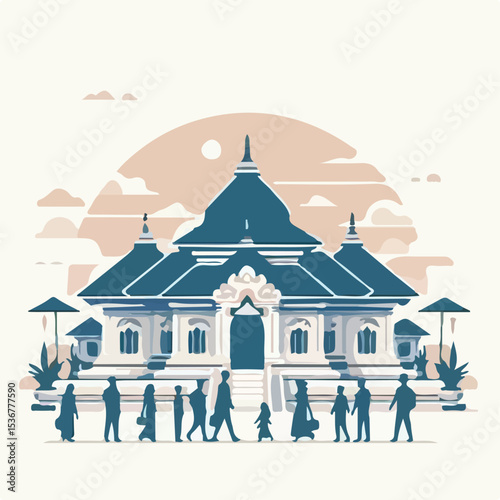 image of people in front of a temple with a simple and minimalist flat design using a white background